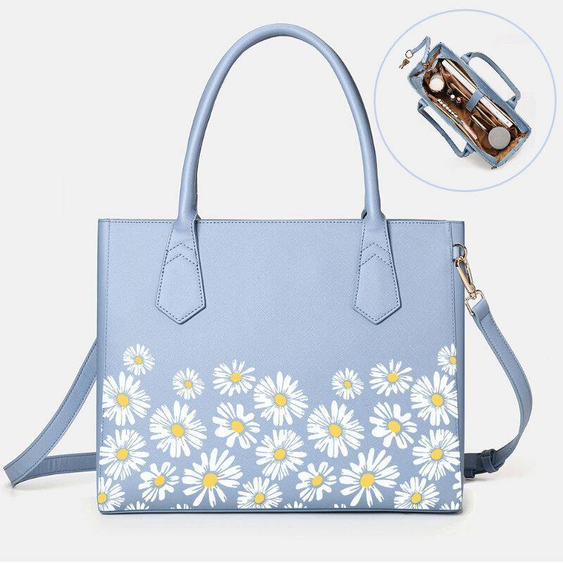 Women PU Leather Daisy Multifunction Multi-pocket 13.3 Inch Laptop Key Handbag Shoulder Bag