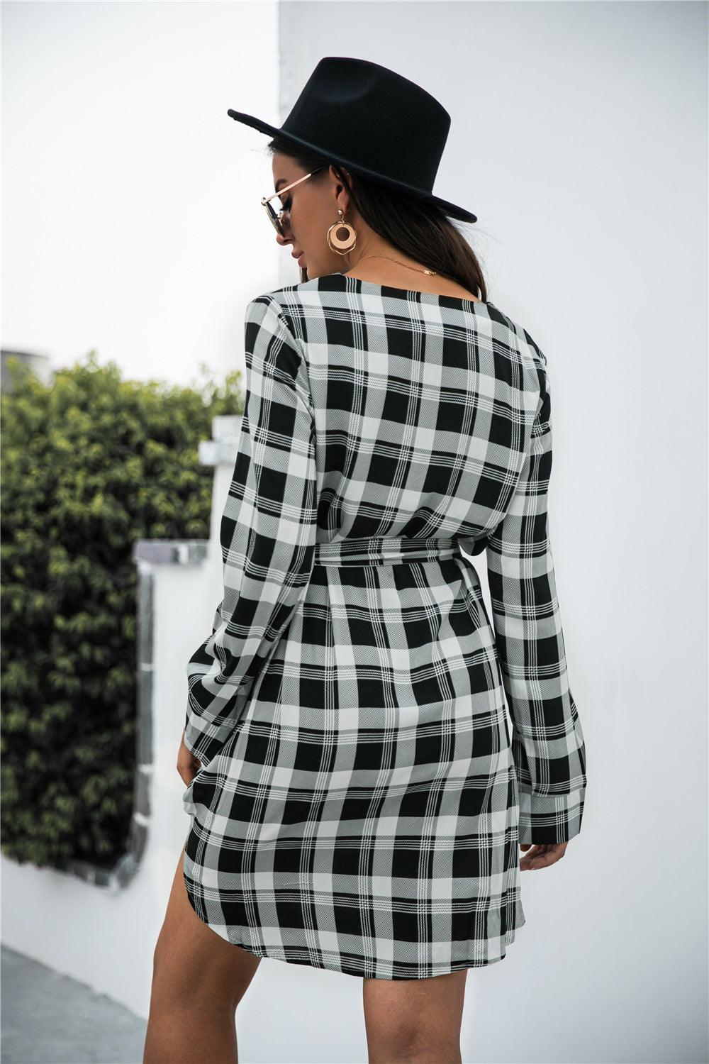 Gingham Tie Waist V Neck Dress