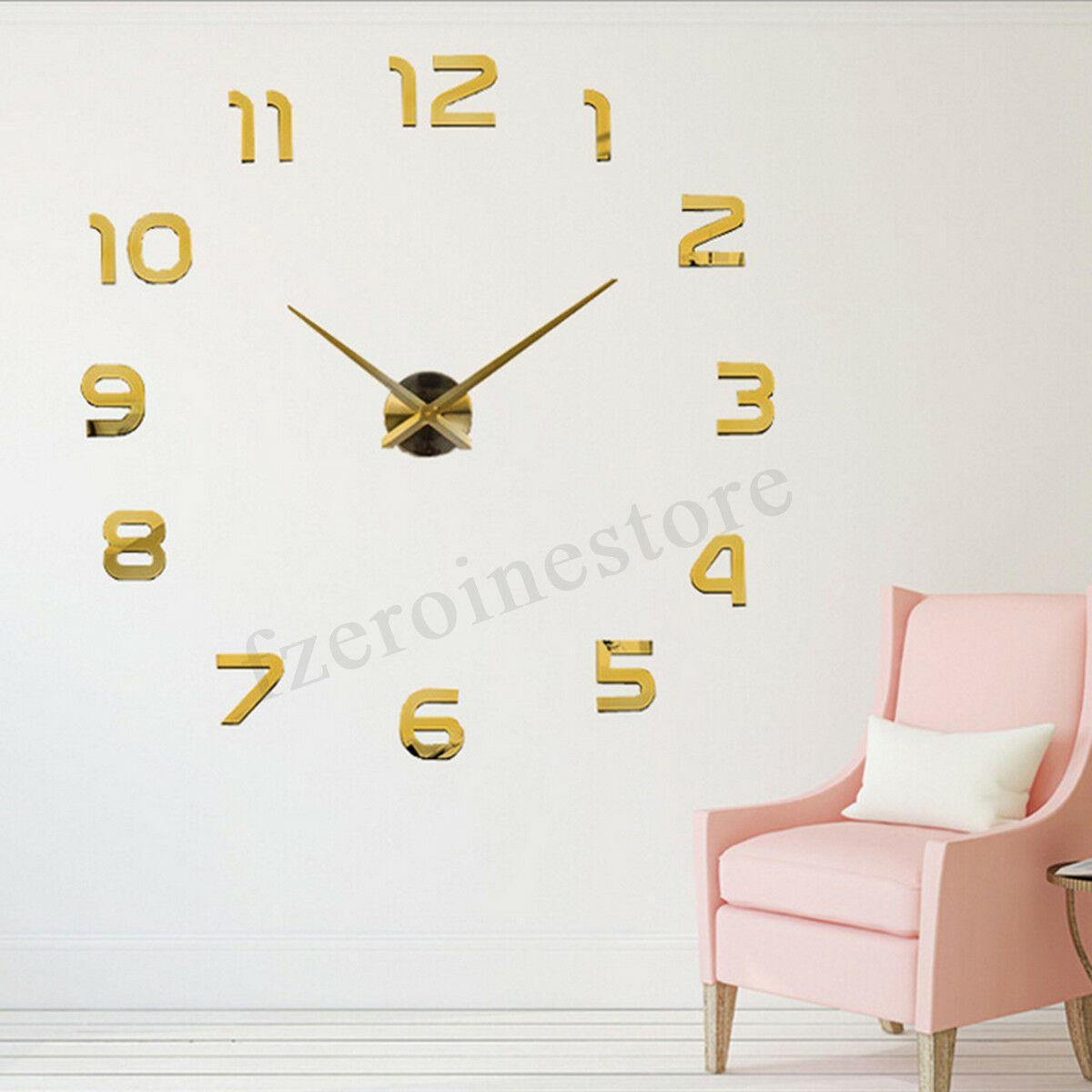 3D DIY Wall Sticker Clock Large Size Mirror Surface  Decor Quartz