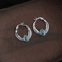 Blue 925 Silver Vintage Ethnic Style Feather Enamel Turquoise Earring Literature Tibetan Earrings