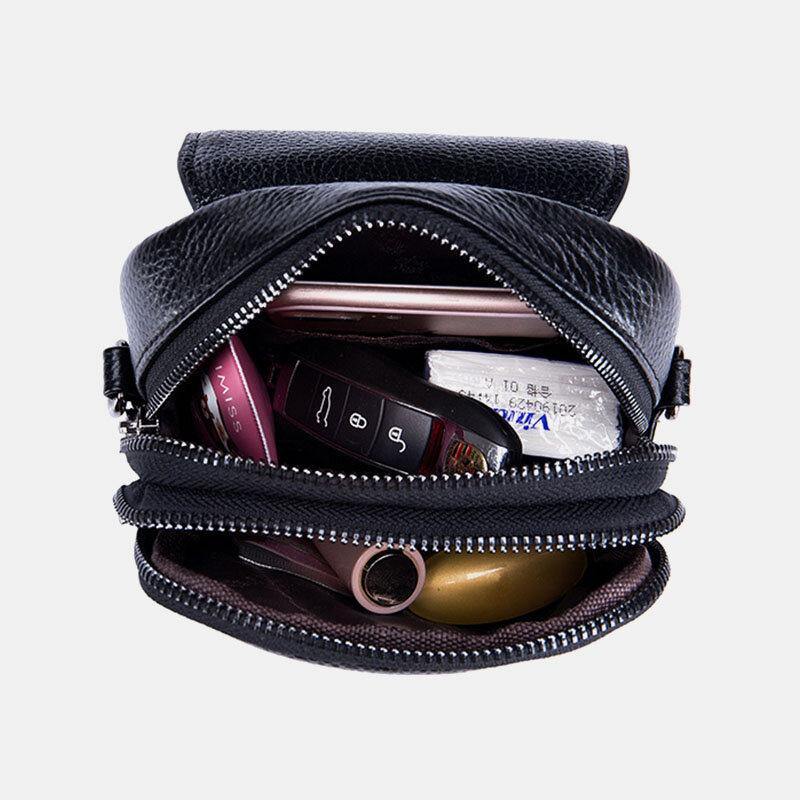 Bolso bandolera para teléfono de 6,5 pulgadas con orificio para auriculares de múltiples capas Retro informal de cuero genuino para mujer 