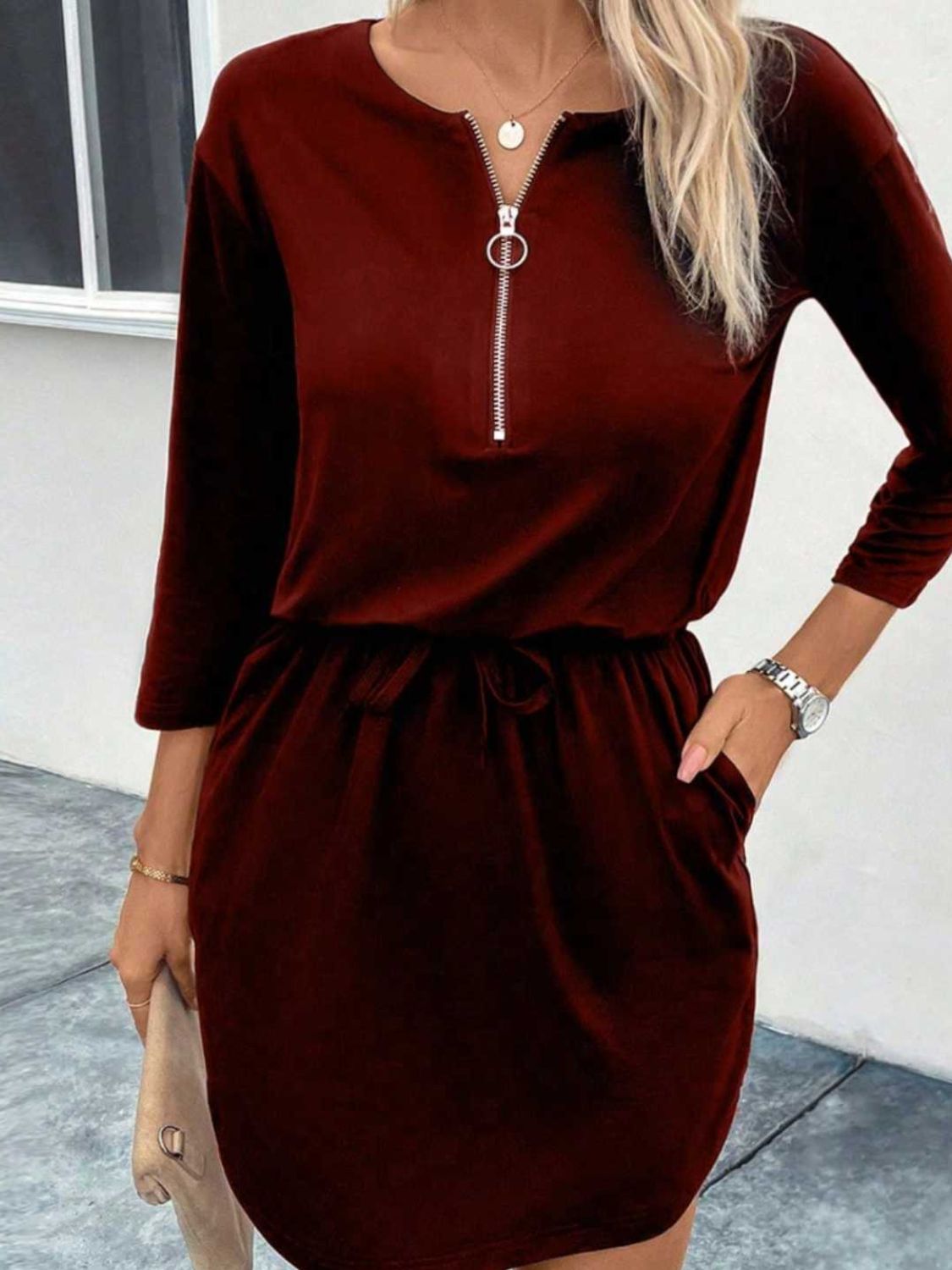 Zip-Up Round Neck Dress