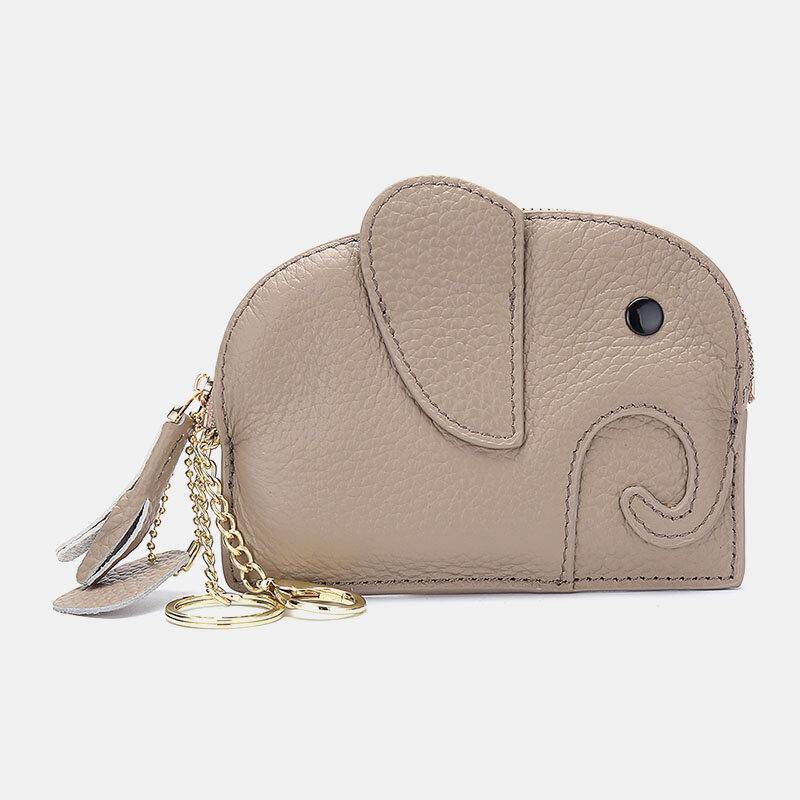 Women Genuine Leather Casual Cute Animal Elephant Pattern Mini Keychain Coin Bag Storage Bag