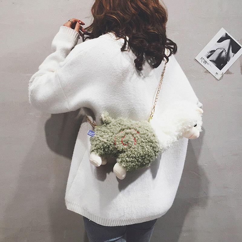 Bolso de hombro pequeño creativo suave con forma de Alpaca de dibujos animados en 3D de lana de cordero para mujer, bandolera con cadena 