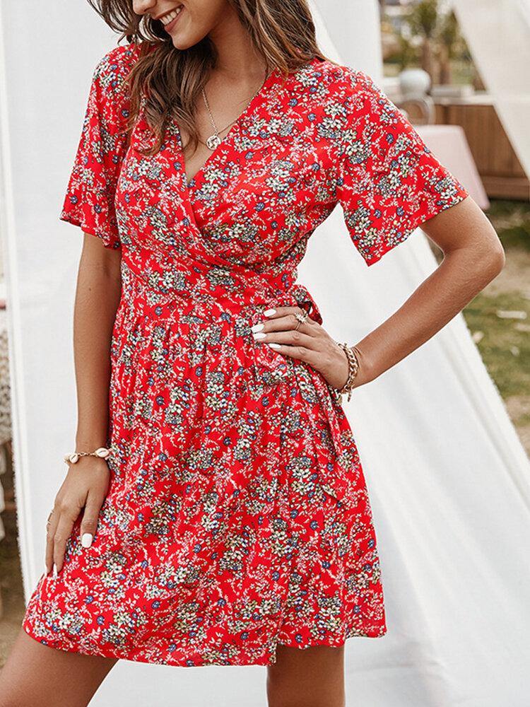 Cross Wrap Floral Print Bandage Short Sleeve Dress