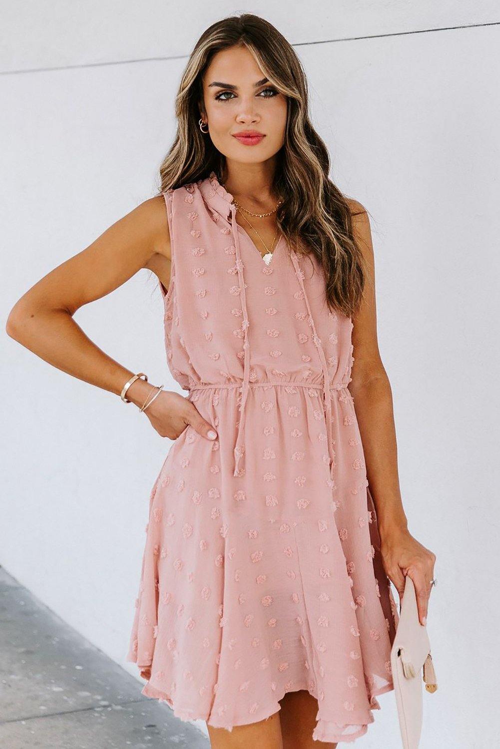 Split Neck Pom Pom Textured Flowy Dress