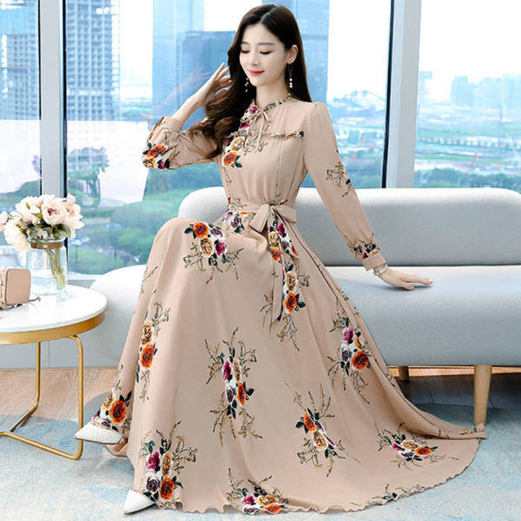 Women's Long-sleeved Waist Slimming Printed Dress