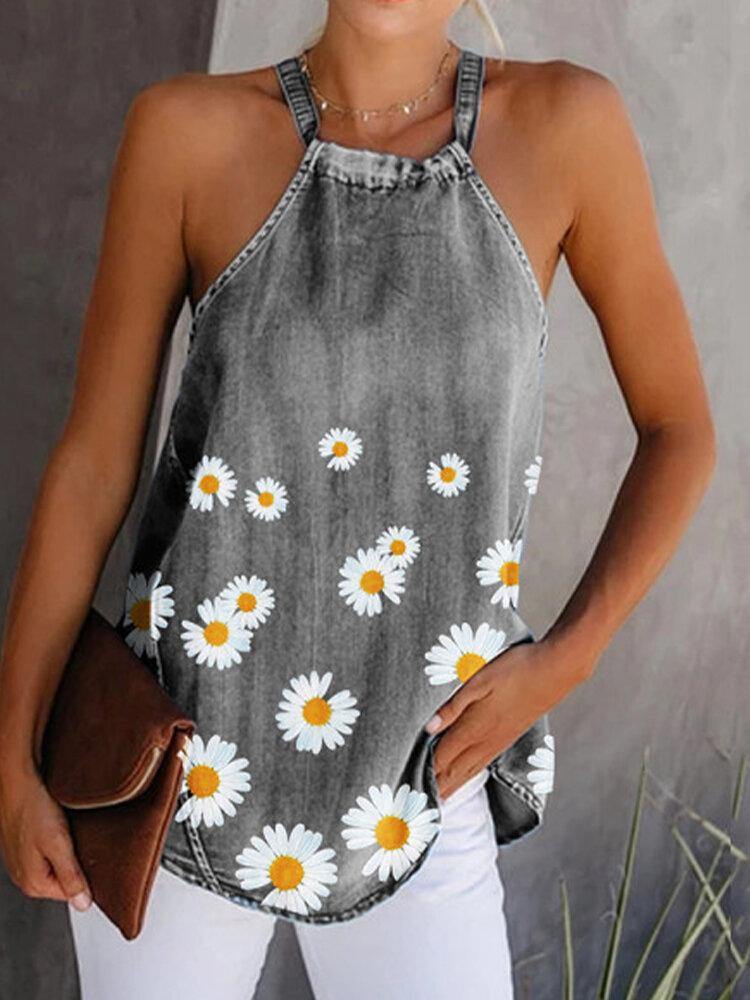 Daisy Floral Print Halter Mujeres Casual Denim Tank Tops