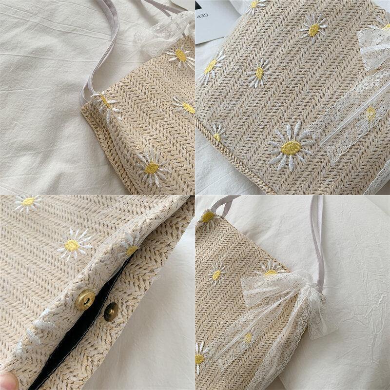 Bolso de hombro de gran capacidad con estampado de margaritas y girasoles de encaje de paja para mujer 