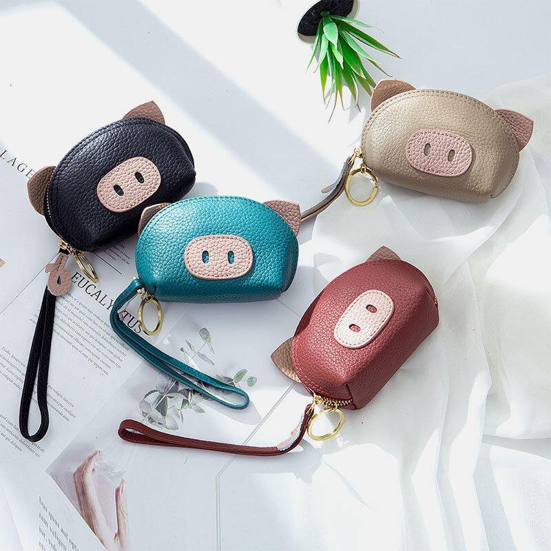 Women Genuine Leather Casual Cute Animal Pig Pattern Mini Hand Carry Coin Bag Storage Bag