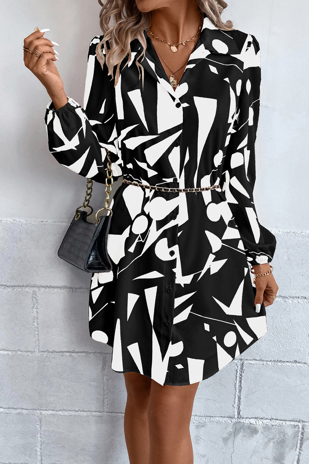 Geometric Long Sleeve Shirt Dress