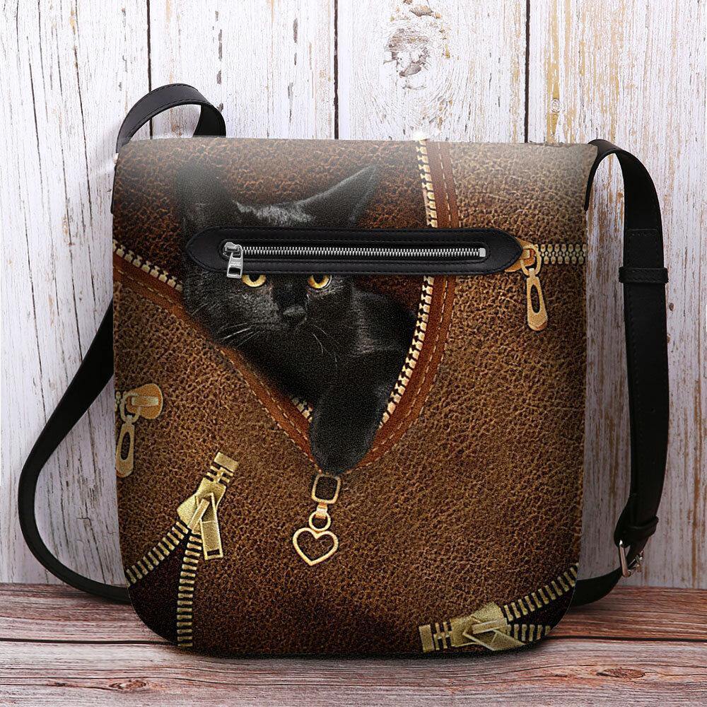 Bolso de hombro tipo bandolera con estampado de gato negro de dibujos animados en 3D bonito informal de fieltro para mujer 