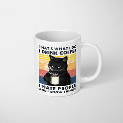 Lustige Kaffeetasse „Know Things“, Keramiktasse mit schwarzer Katze