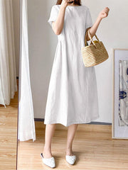 100% Cotton Solid Pleating Side Pockets Midi Dress