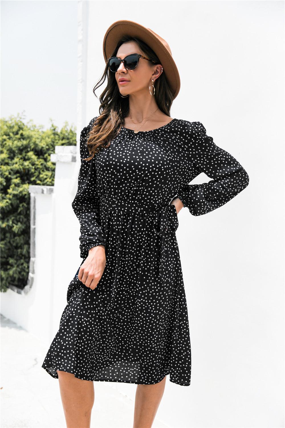 Polka Dot Lantern Sleeve Belted Dress