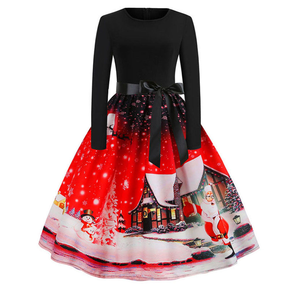 Christmas Retro Print Long-sleeved Big Swing Dress