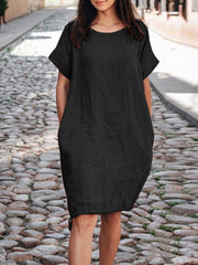 100% Cotton O-Neck Solid Casual Dress With Side Pocket For Women