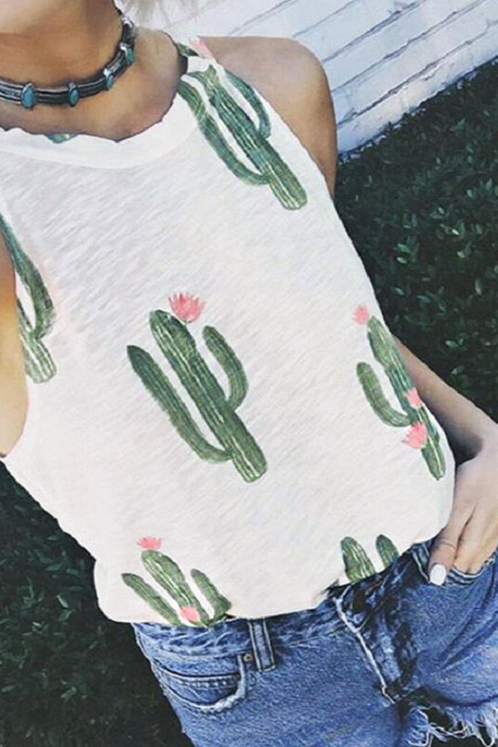 Crew Neck Cactus Print Tank Top