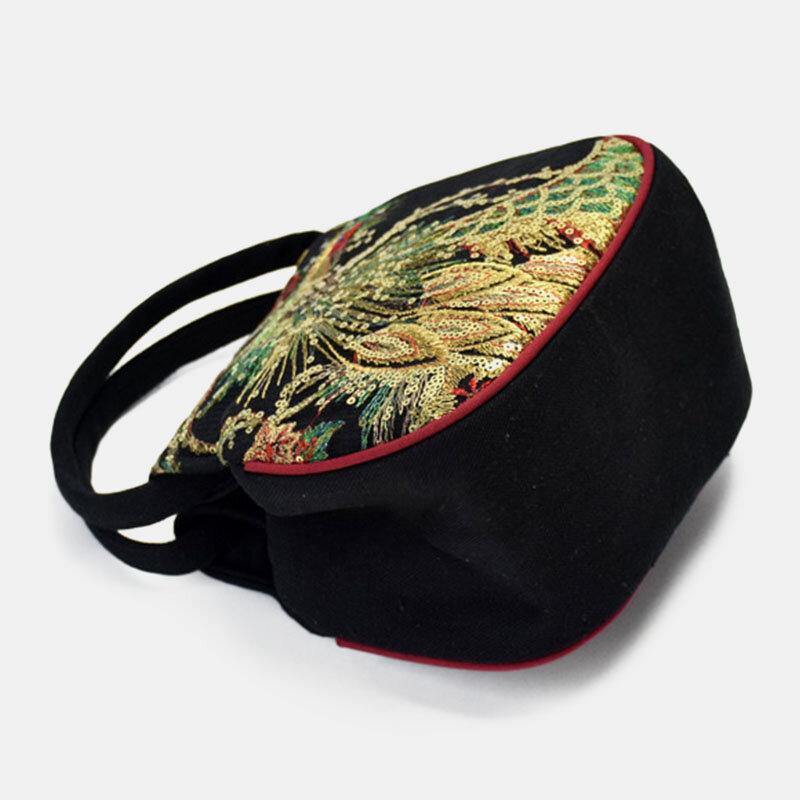 Women Canvas Ethnic Style Embroidery Peacock Pattern Casual Elegant Mini Ladies Handbag