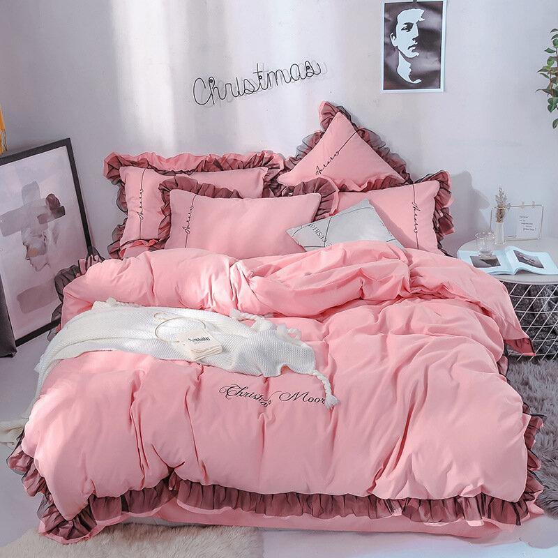 4PCS Solid Color Embroidery Lace Purfle Bedding Set Soft-smooth Duvet Cover Sheet Pillowcases King /Queen Size