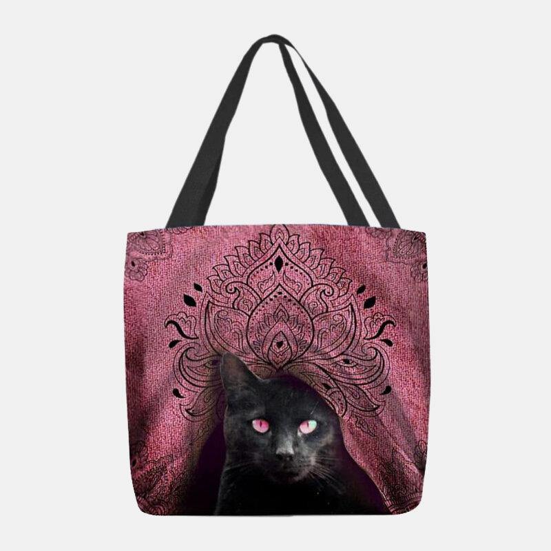 Bolso de mano de lona con diseño de gato negro bonito para mujer 