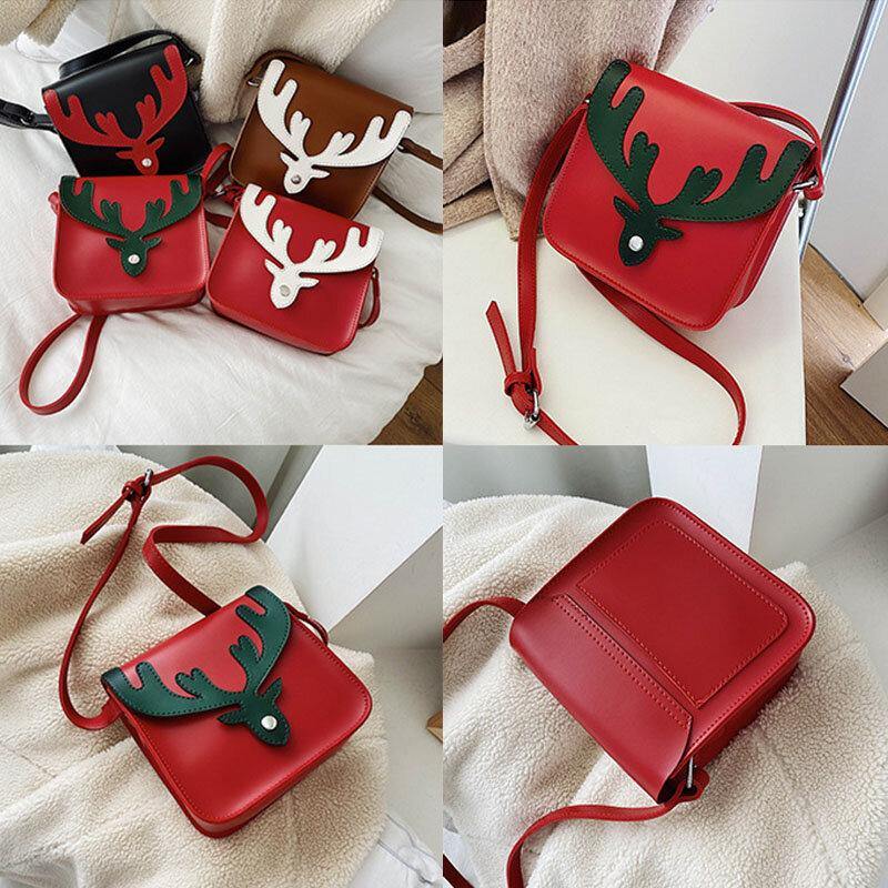 Bolso cuadrado pequeño con diseño de alces de Navidad en color de contraste de piel sintética para mujer, bolso cruzado, bolso de hombro 