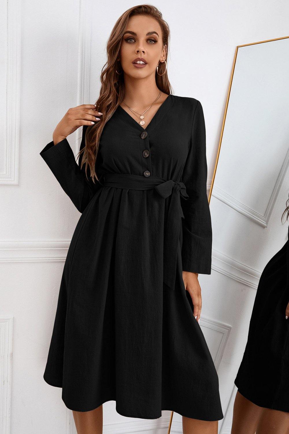 Half Button Tie Waist Dress