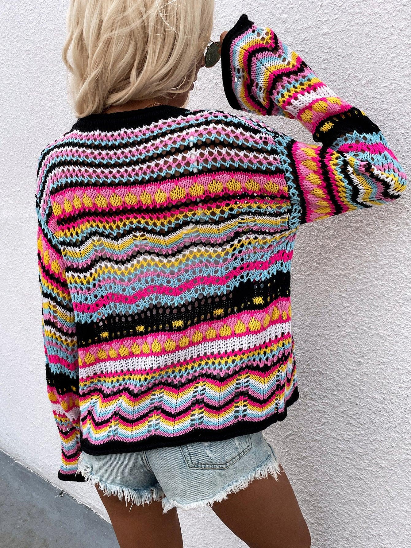 Durchbrochener Cardigan mit Chevron-Streifen