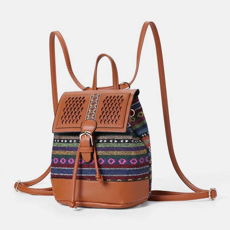 Women Hollow Stitching Ethnic Style Straw Bag Backpack Woven Shoulder Bag Bucket Bag