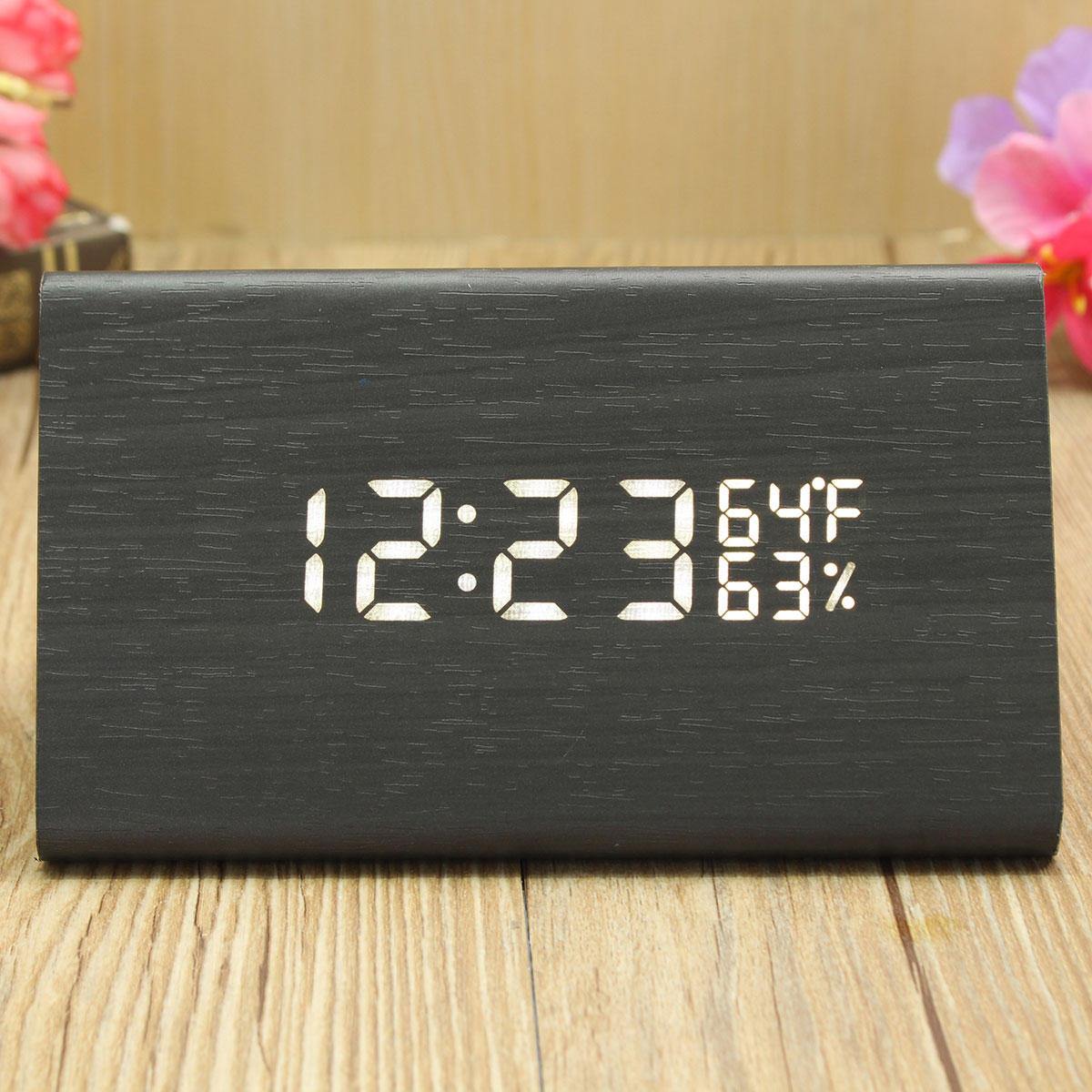 USB Voice Control Wooden Wooden Triangle Temperature LED Digital Alarm Clock Humidity Thermometer