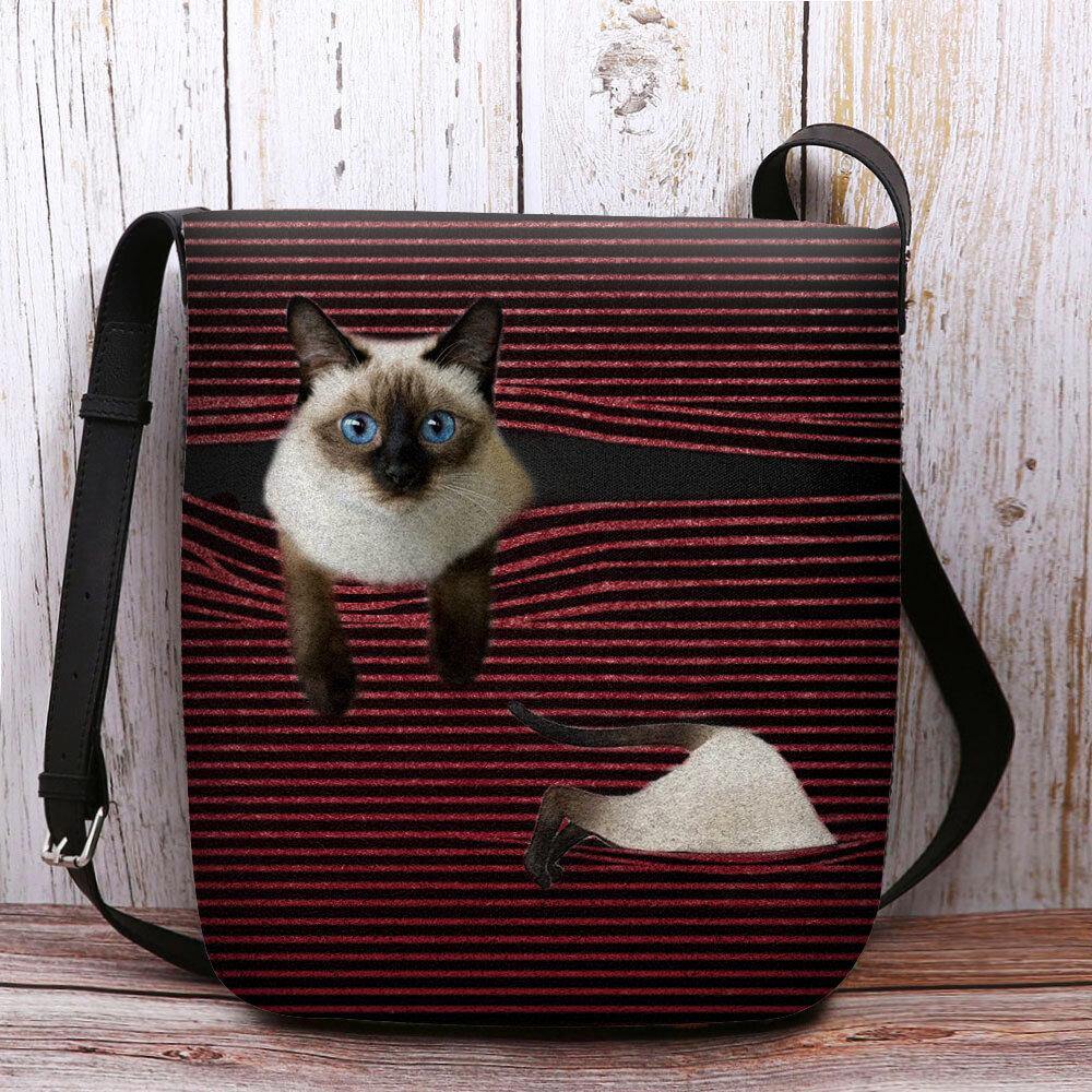 Women Felt Cute Cartoon Cat Stripes Pattern Multi-carry Crossbody Bag Shoulder Bag