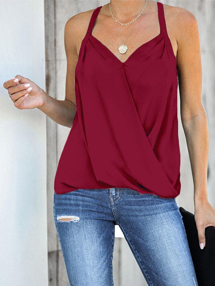 Lässiges, burgunderrotes Neckholder-Tanktop mit V-Ausschnitt, ärmellos vorne und überkreuzt, elegantes Tanktop 