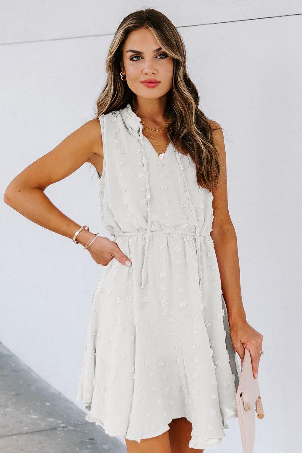 Split Neck Pom Pom Textured Flowy Dress