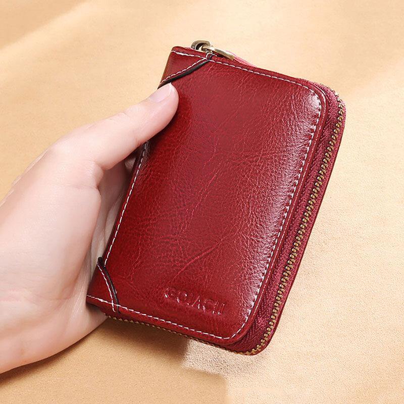 Women 12 Card Slots Rfid Genuine Leather Short Zipper Coin Purse Wallet