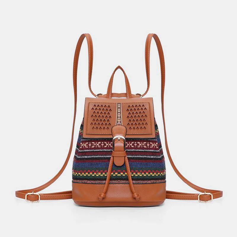 Women Hollow Stitching Ethnic Style Straw Bag Backpack Woven Shoulder Bag Bucket Bag