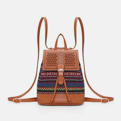 Women Hollow Stitching Ethnic Style Straw Bag Backpack Woven Shoulder Bag Bucket Bag