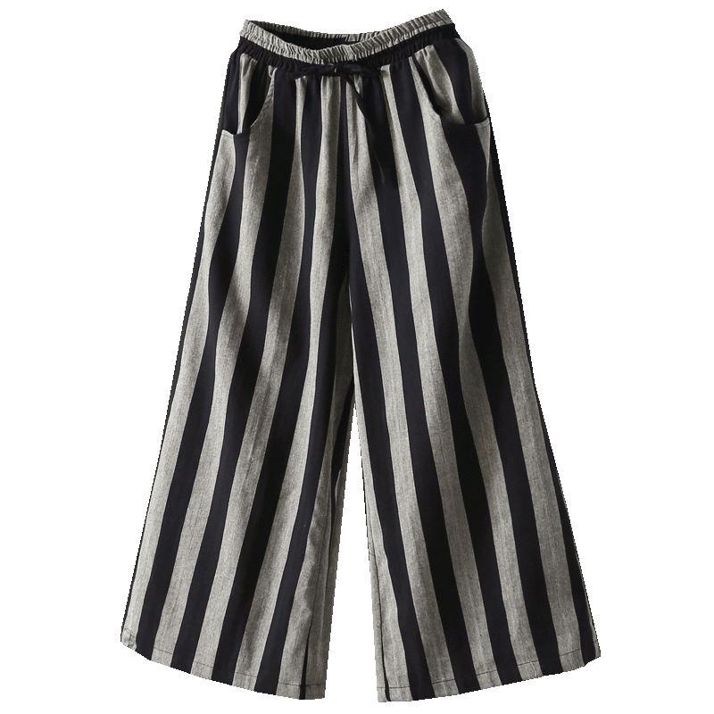 Casual Retro Cotton Linen Stripe Wide-Leg Pants