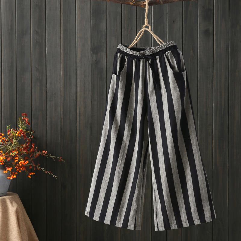 Casual Retro Cotton Linen Stripe Wide-Leg Pants