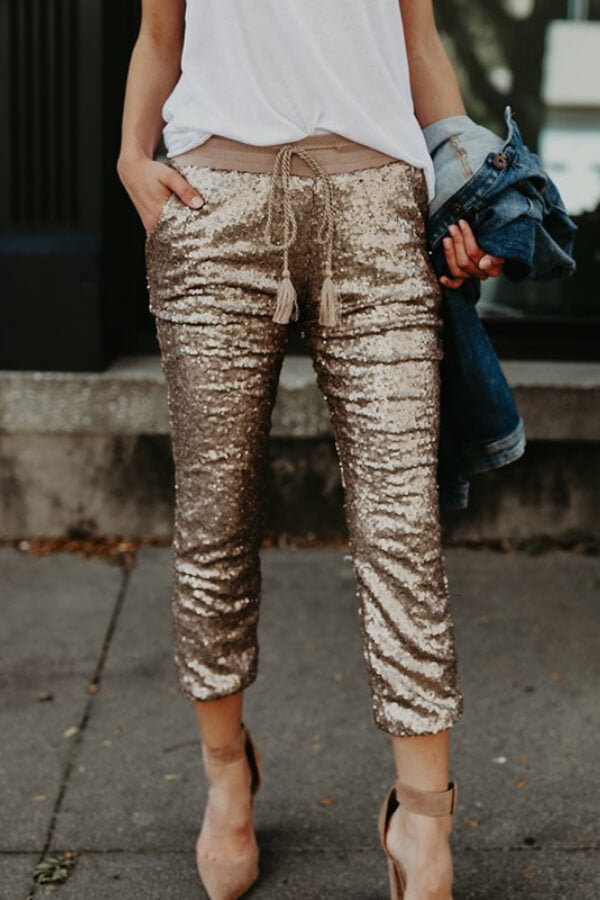 Casual Sequin Elastic Waist Pants