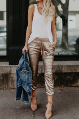 Casual Sequin Elastic Waist Pants