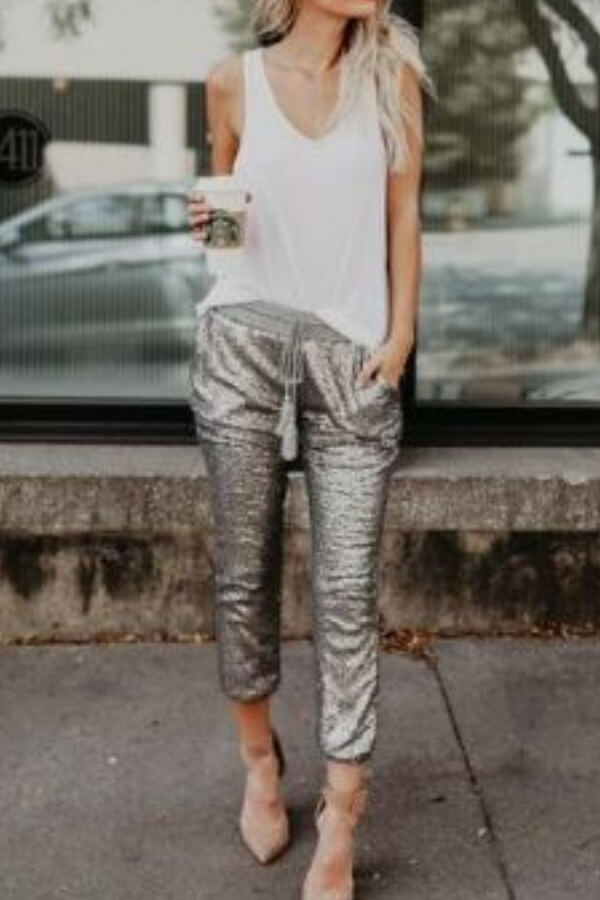 Casual Sequin Elastic Waist Pants