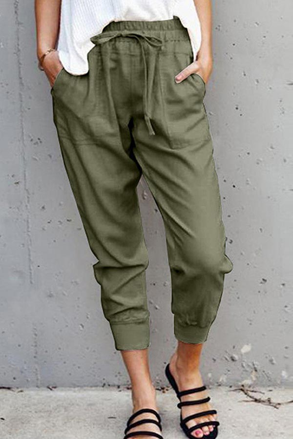 Casual Solid Lace-up Slim Cropped Trousers