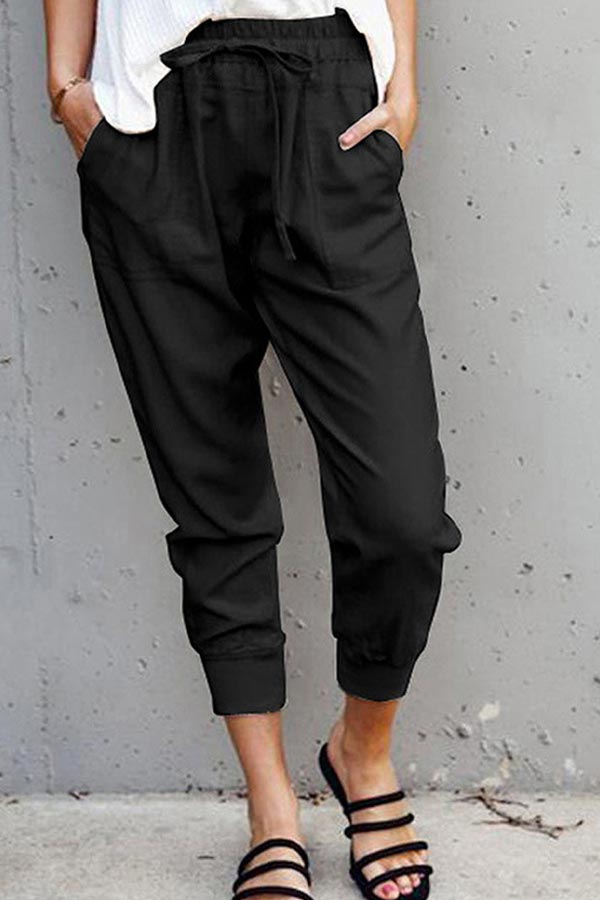 Casual Solid Lace-up Slim Cropped Trousers