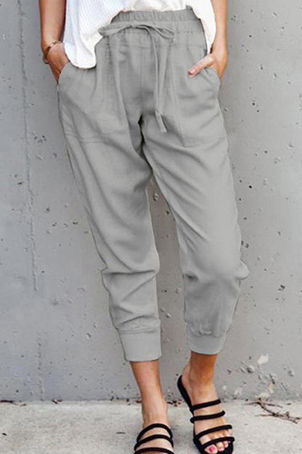 Casual Solid Lace-up Slim Cropped Trousers