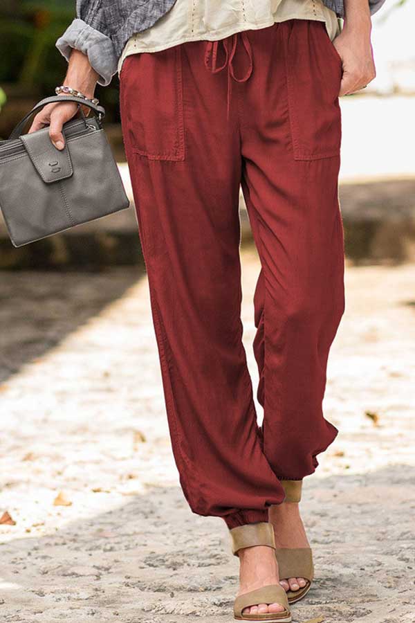 Casual Solid Stretch Drawstring Pocket Trousers