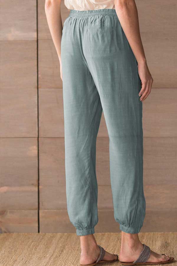 Casual Solid Stretch Drawstring Pocket Trousers