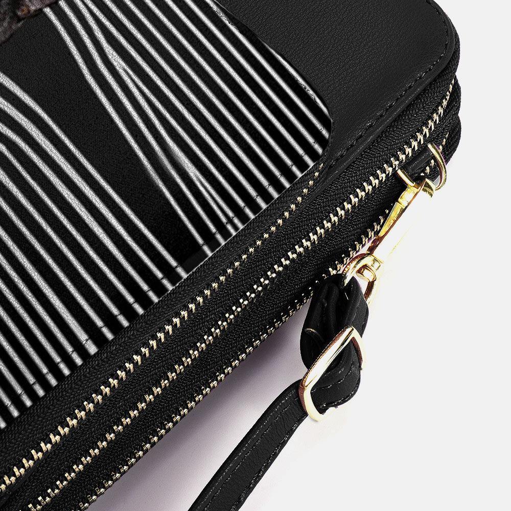 Women Faux Leather Casual Cute Black Cat and Stripes Pattern Adjustable Shoulder Bag Crossbody Bag