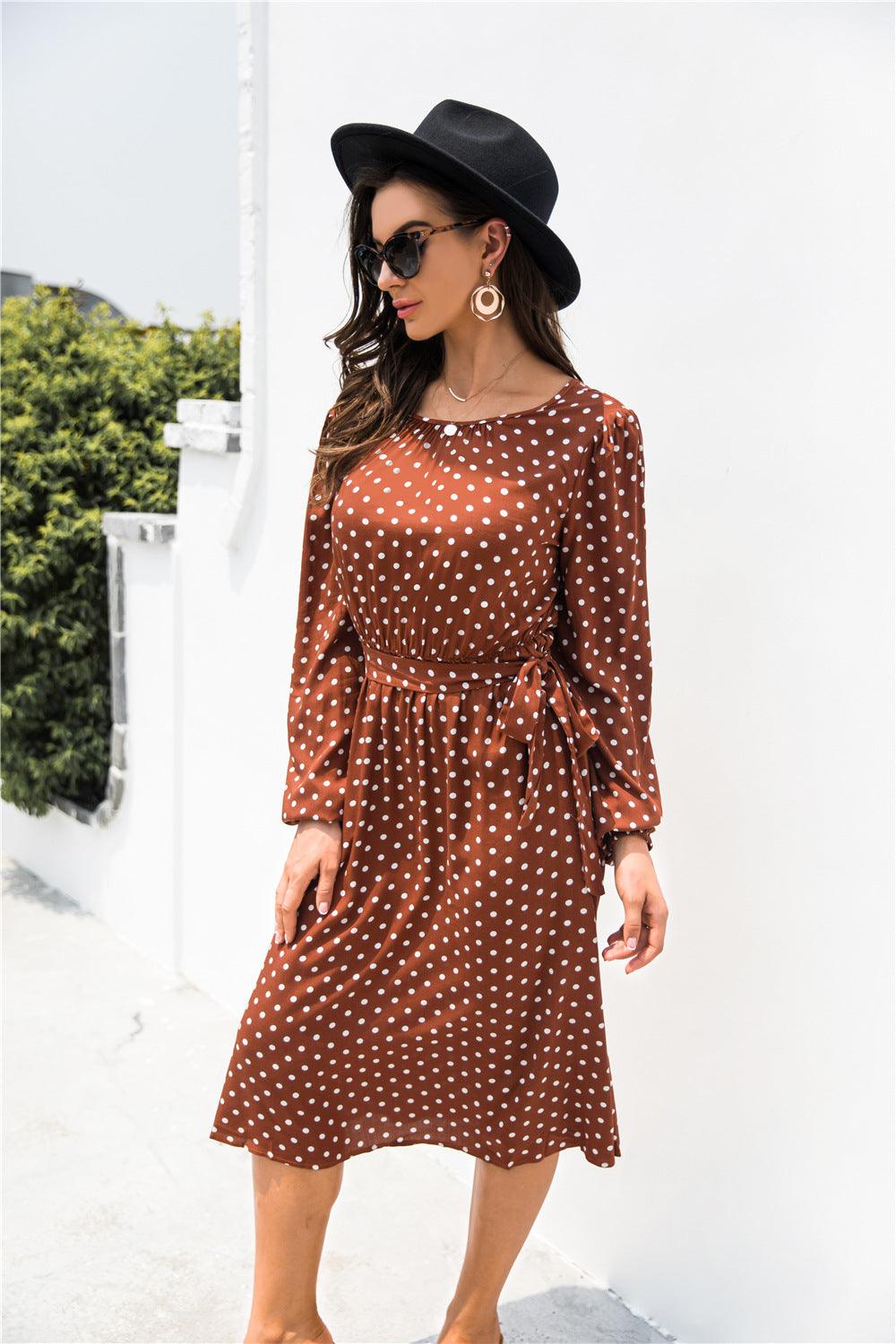 Polka Dot Lantern Sleeve Belted Dress