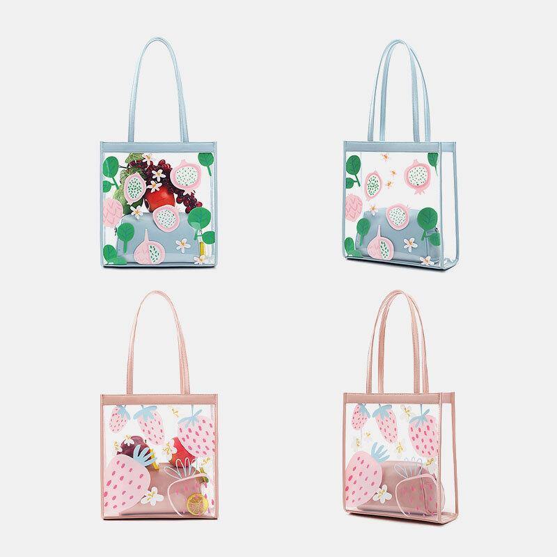 Women 2Pcs Waterproof Transparent Print Fruit PVC Multi-Carry Handbag Tote