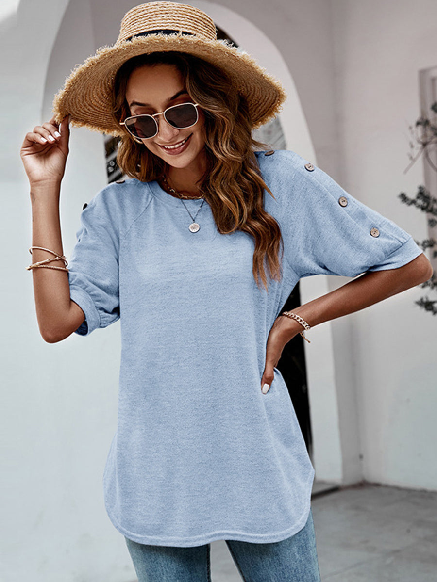 Women's T-Shirts Loose Round Neck Button Casual Half-Sleeve T-Shirt